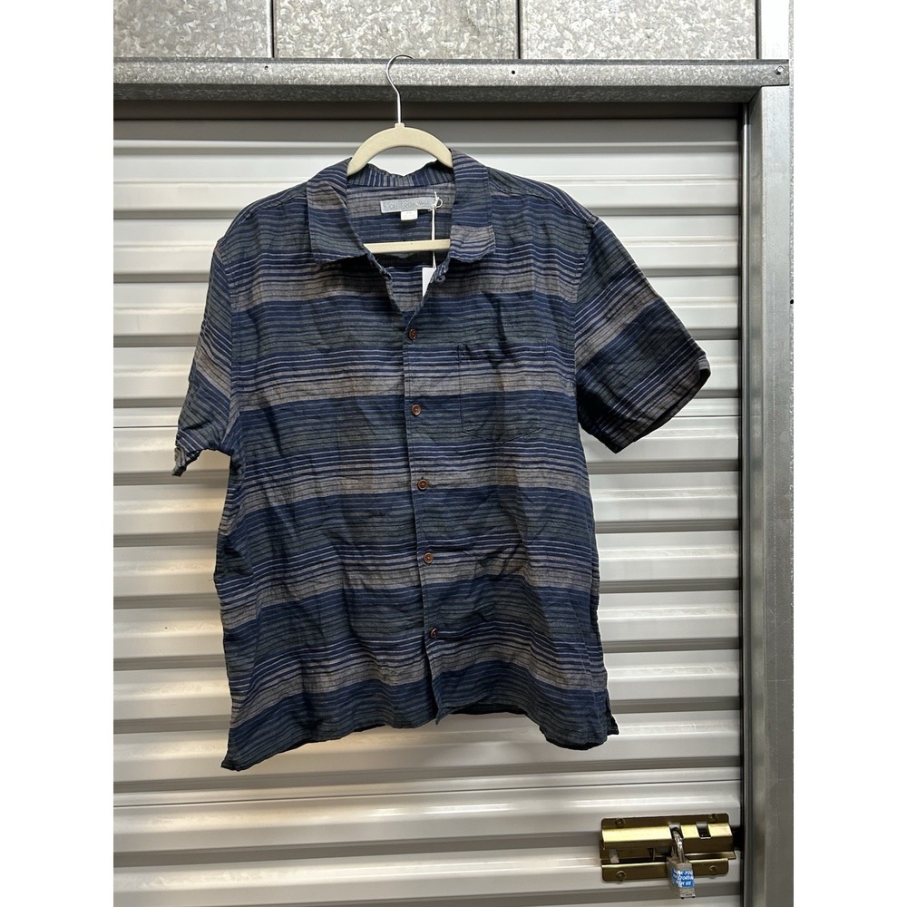 NWT Outerknown Mens SS Linen Green Blue Gray Stripes Shirt Medium